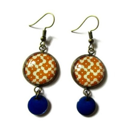 Mustard Floral Earrings and Blue Enamel