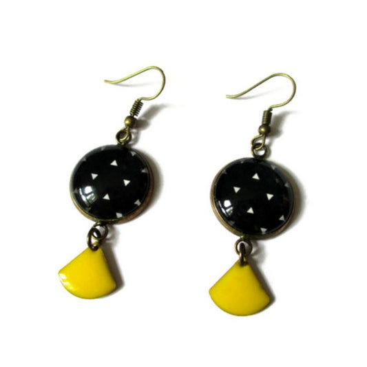 Black and white triangle and yellow enamel earrings 