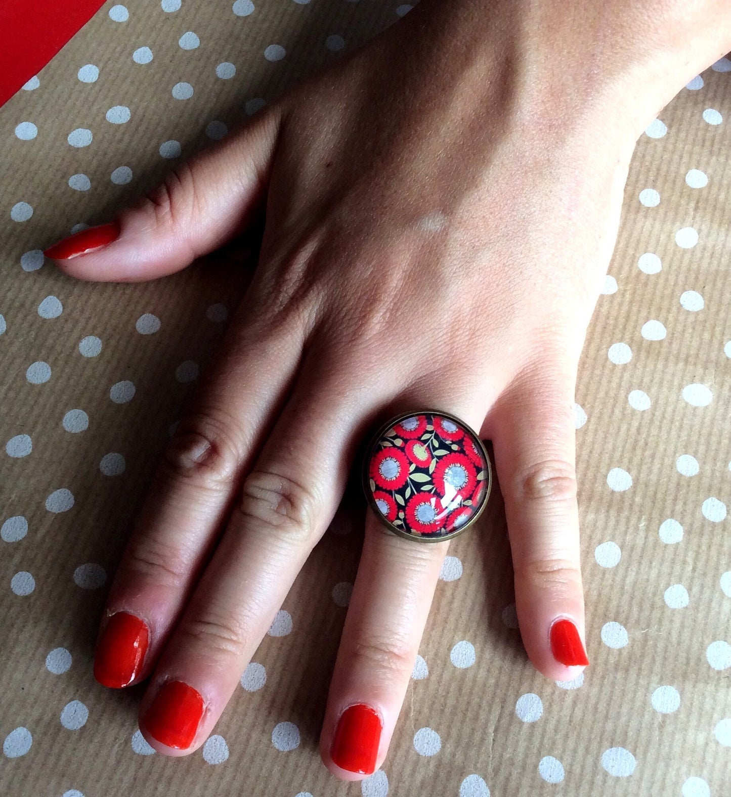 Bague Fleurs Rouges Vintage