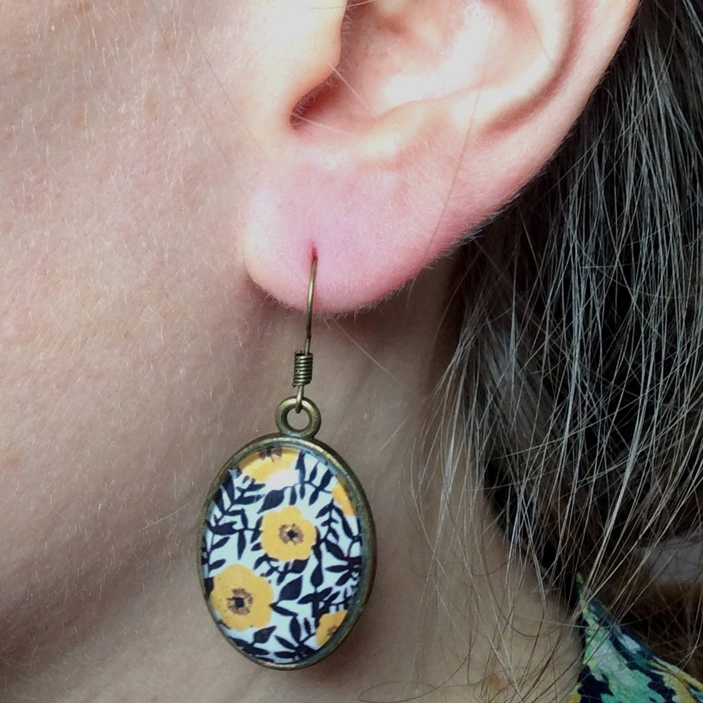 Yellow flowers oval earrings