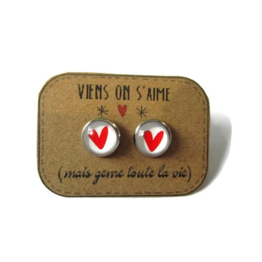 Puces d'Oreilles Petits Coeurs Rouges "Viens on s'aime"
