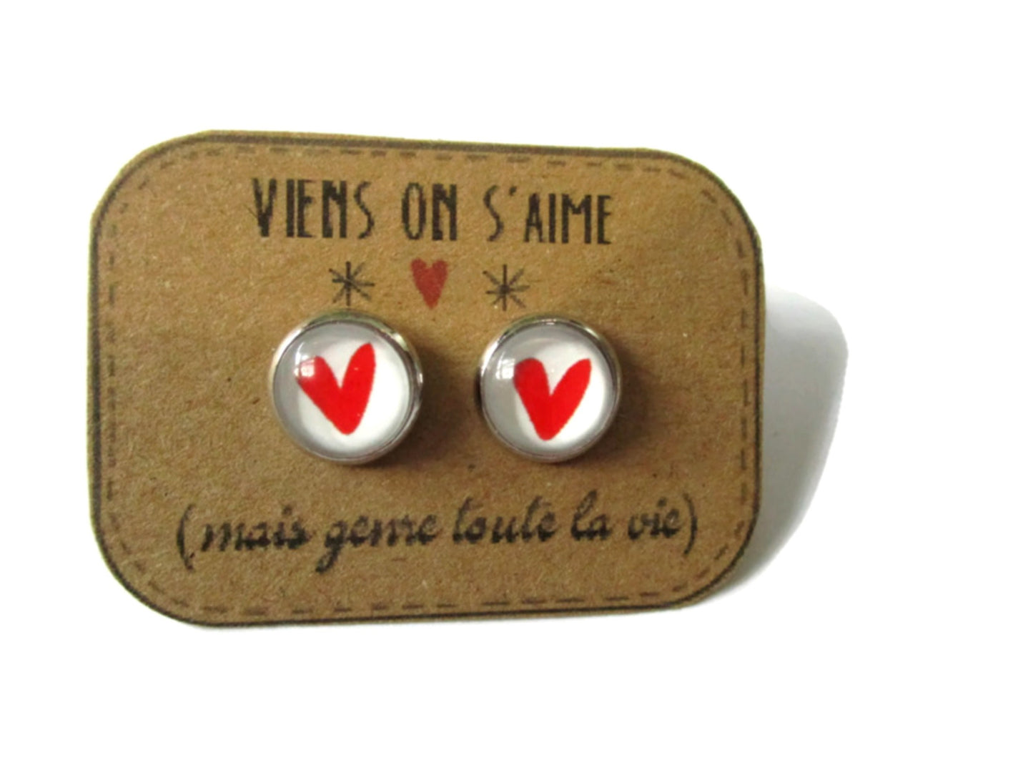 Puces d'Oreilles Petits Coeurs Rouges "Viens on s'aime"