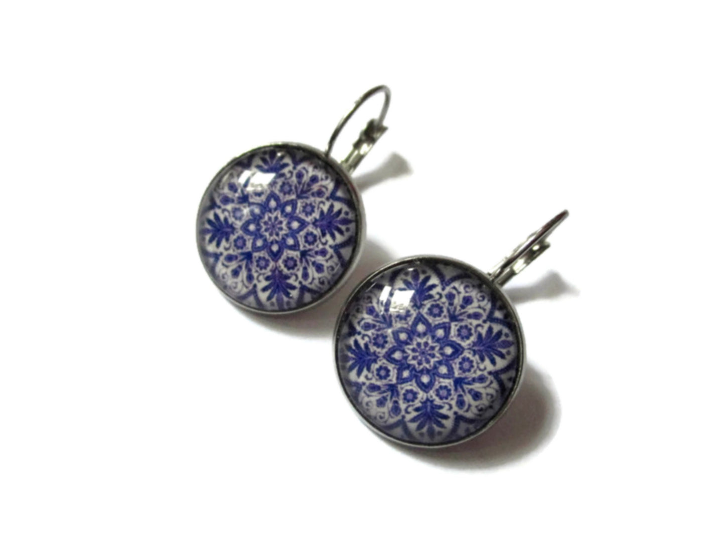 Boucles d'Oreilles Dormeuses Azulejos Bleu et Blanc