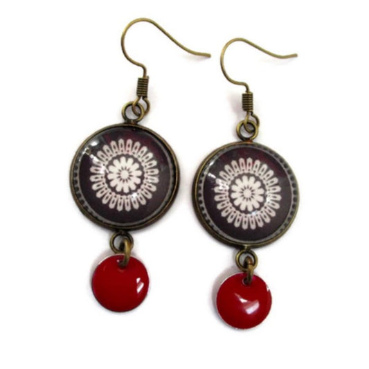 Black Mandala earrings and red enamel