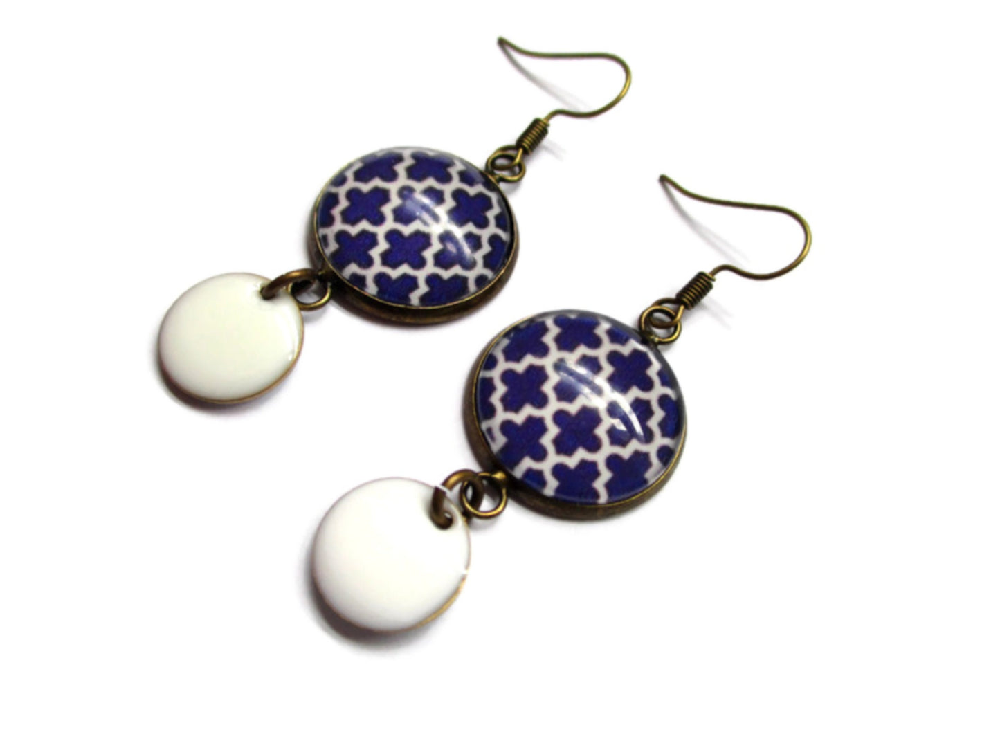 Boucles d'Oreilles Croix Bleues émail Blanc