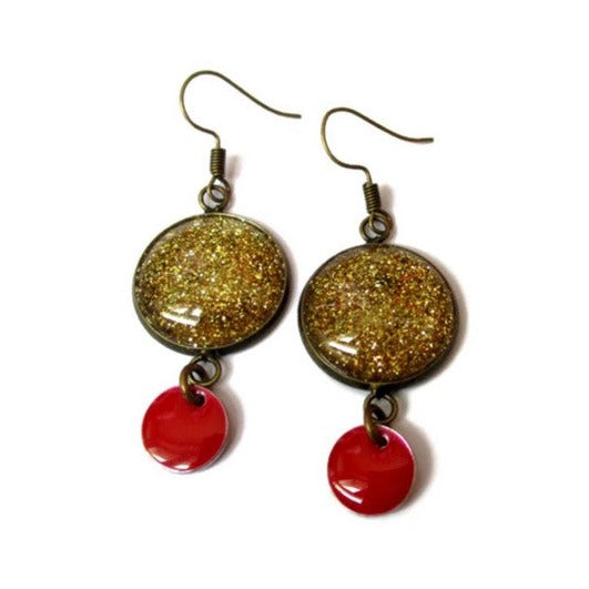 Boucles d'Oreilles Paillettes Dorées, émail Rouge