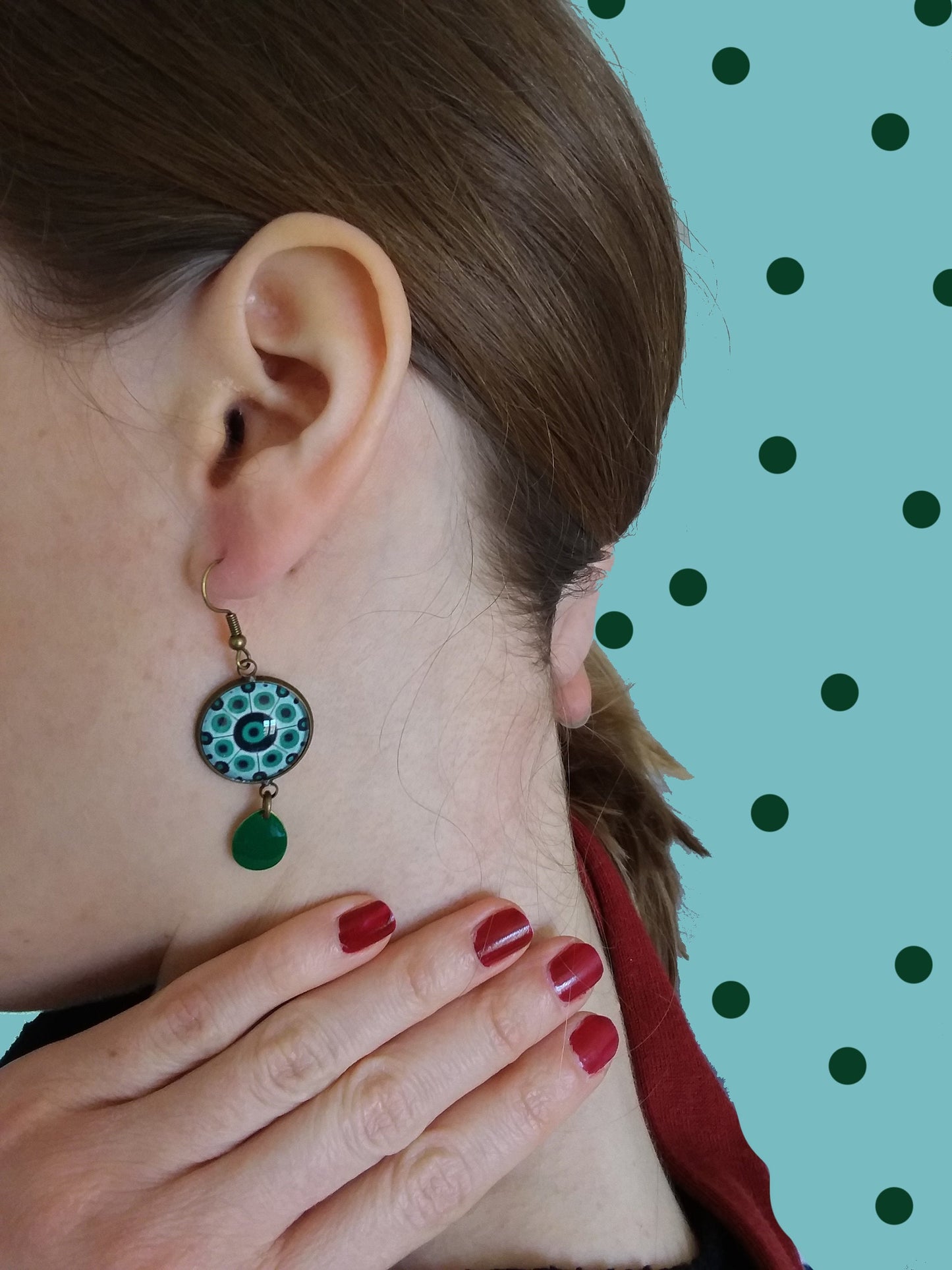 Boucles d'Oreilles Mandala Turquoise, émail Vert