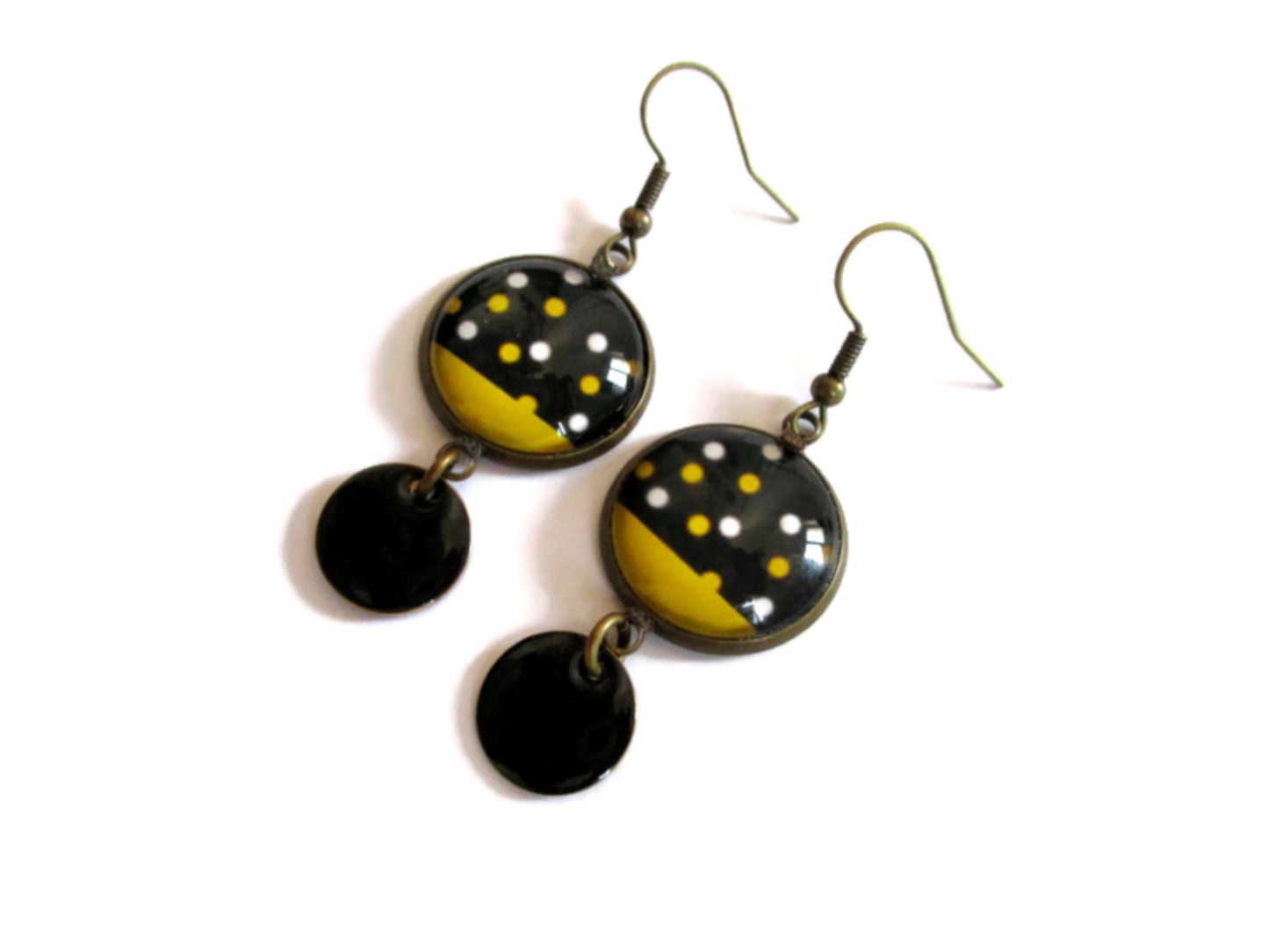 Boucles d'Oreilles Pois Jaunes et Noirs, émail Noir