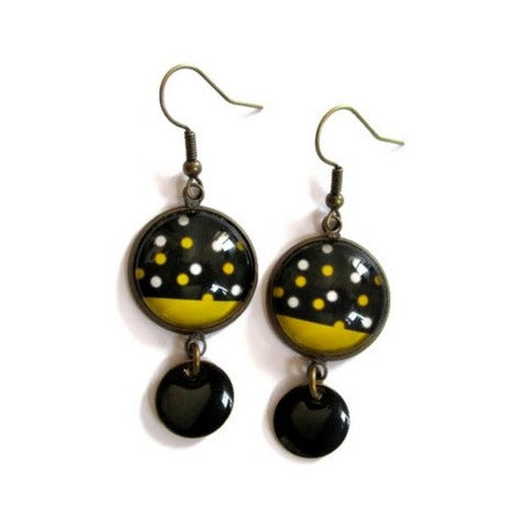 Boucles d'Oreilles Pois Jaunes et Noirs, émail Noir