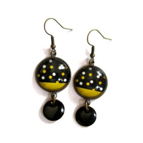 Yellow and Black polka dot earrings