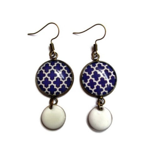 Boucles d'Oreilles Croix Bleues émail Blanc