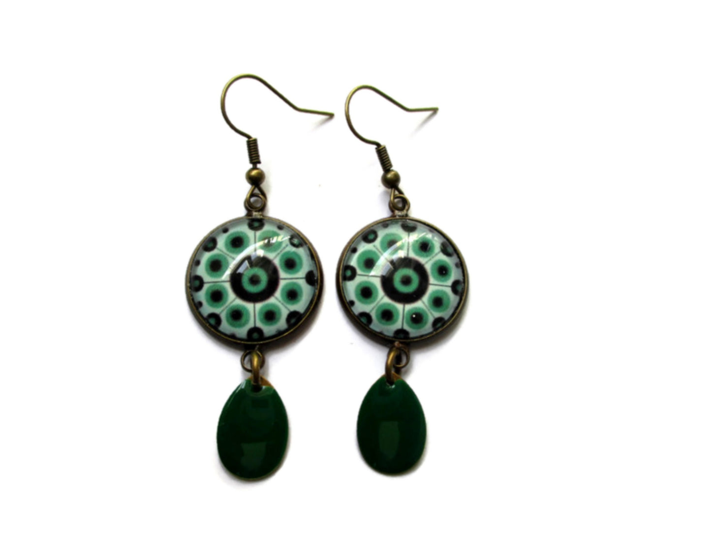 Boucles d'Oreilles Mandala Turquoise, émail Vert