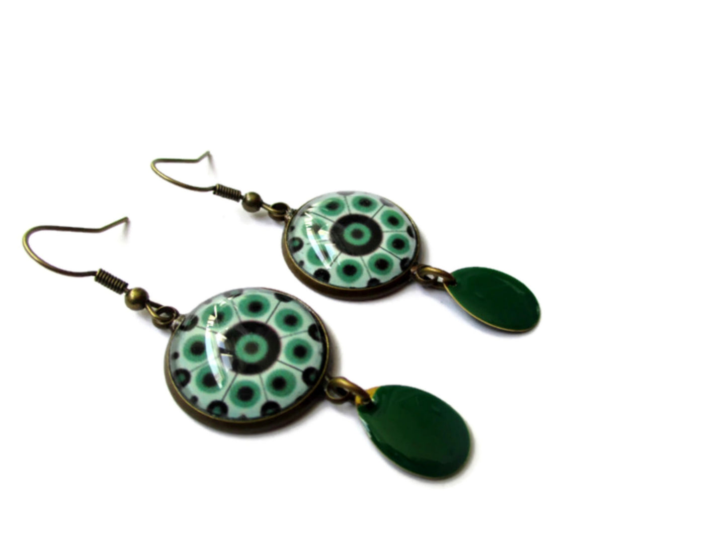 Boucles d'Oreilles Mandala Turquoise, émail Vert