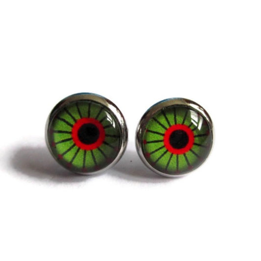 Puces d'Oreilles Motif Ethnique Vert et Rouge