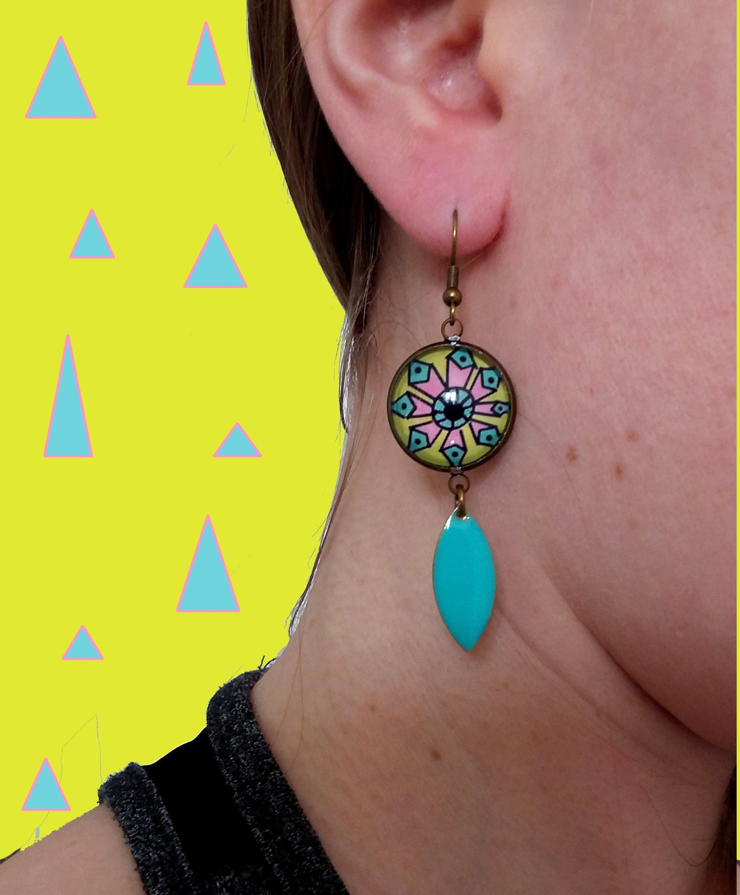 Pop colorful mandala earrings and blue enamel