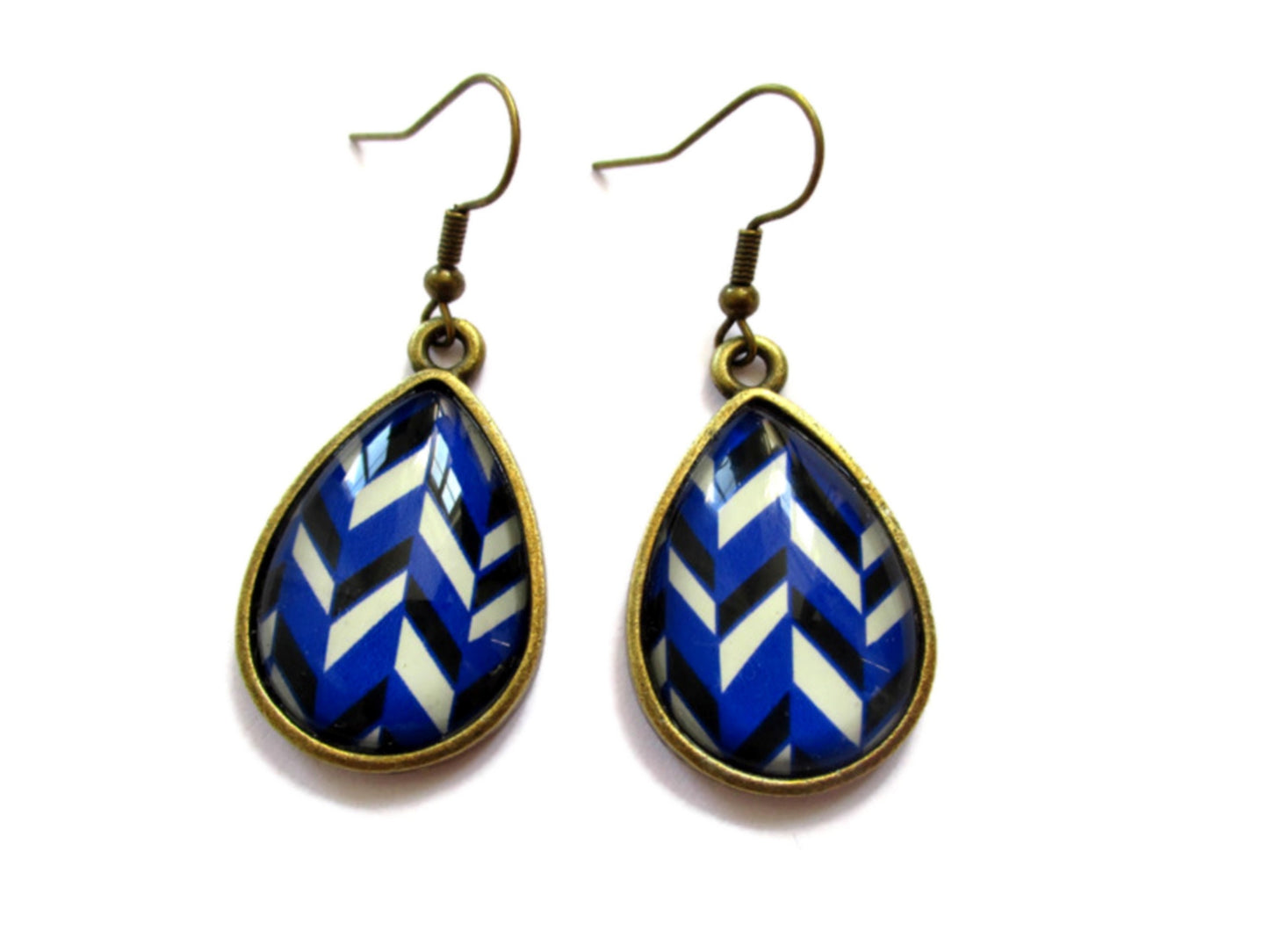 Boucles d'Oreilles Gouttes Chevrons Bleus et Blancs