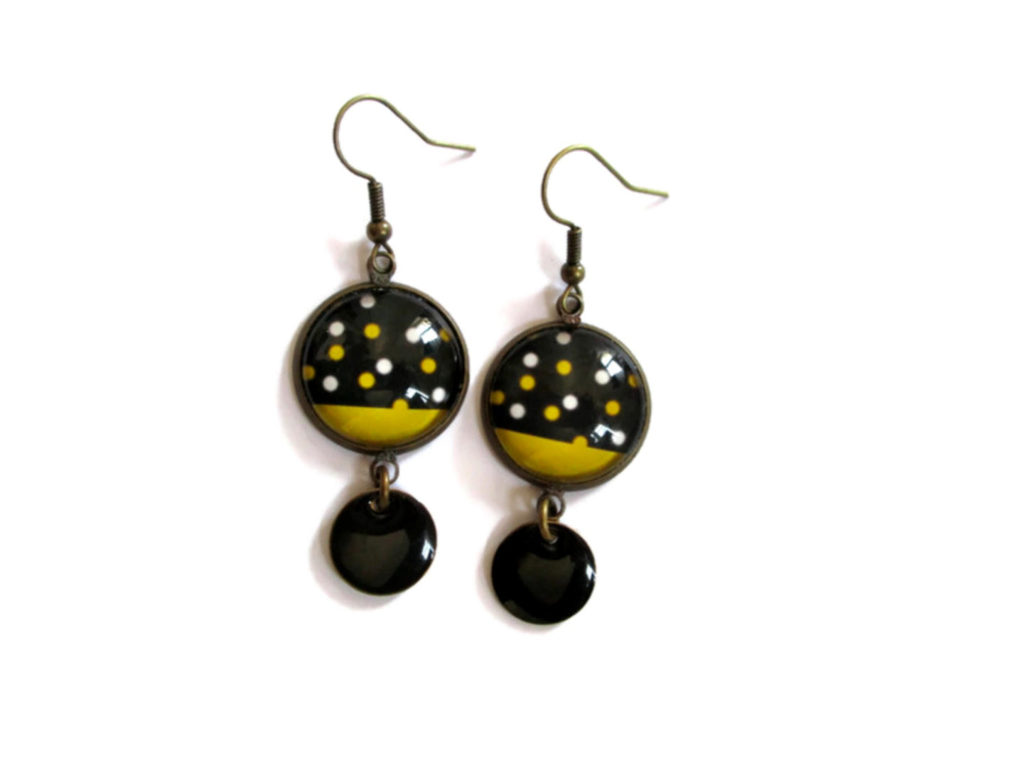 Boucles d'Oreilles Pois Jaunes et Noirs, émail Noir