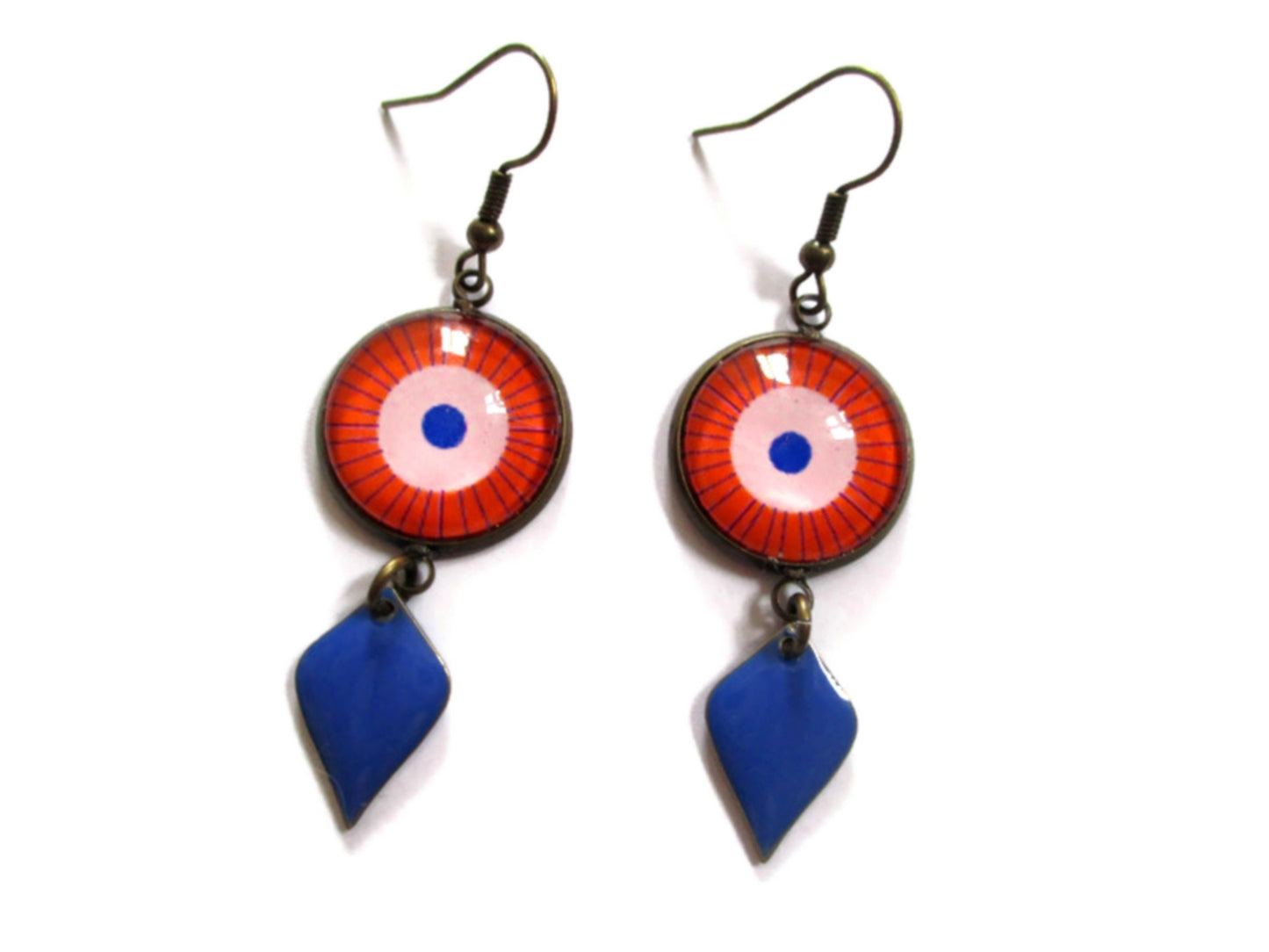 Orange mandala earrings and blue enamel