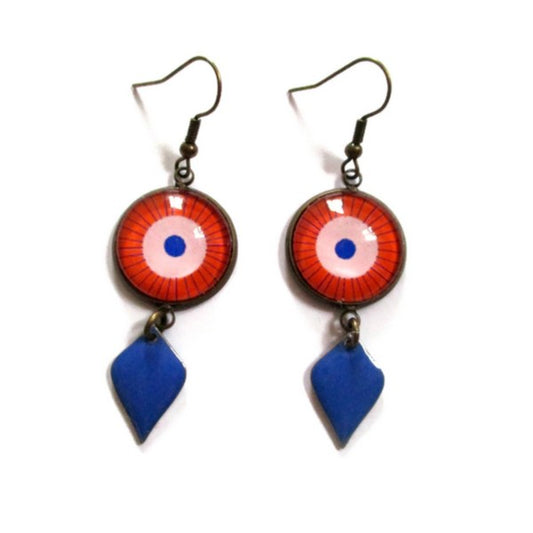 Orange mandala earrings and blue enamel
