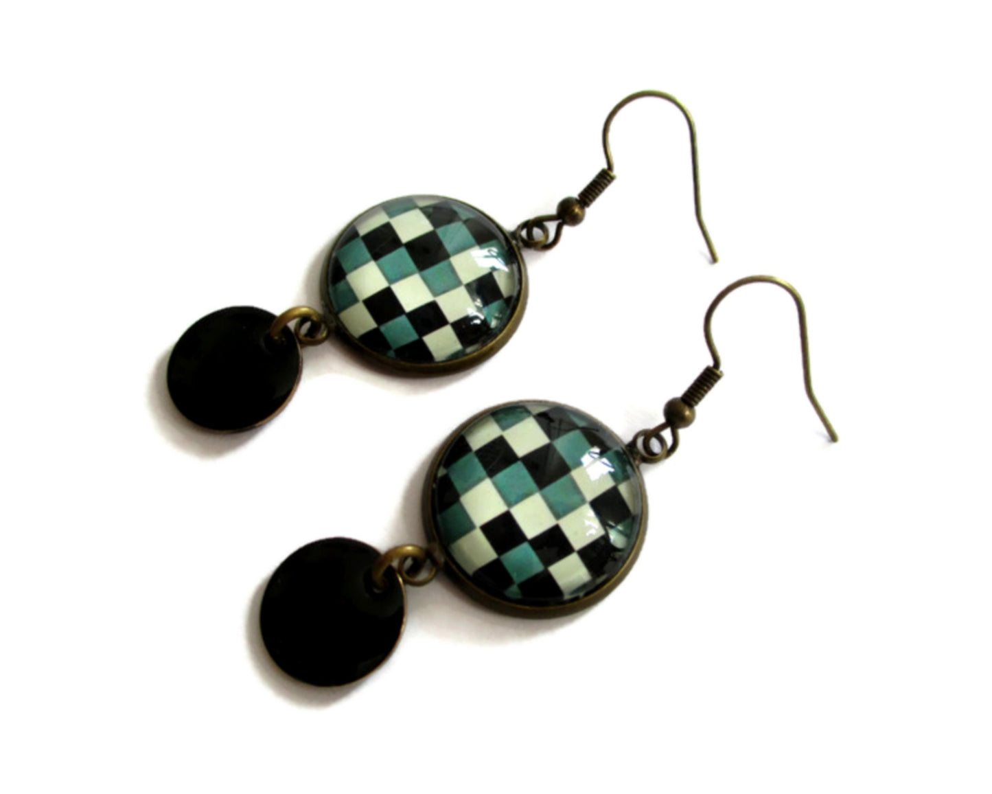 Boucles d'Oreilles Damier Vert Noir Blanc, émail Noir