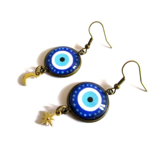 Evil eye earrings, star and moon