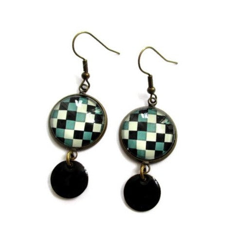 Boucles d'Oreilles Damier Vert Noir Blanc, émail Noir