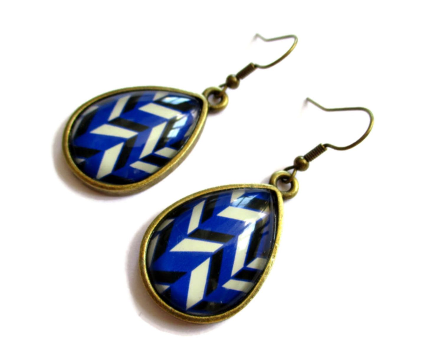 Boucles d'Oreilles Gouttes Chevrons Bleus et Blancs