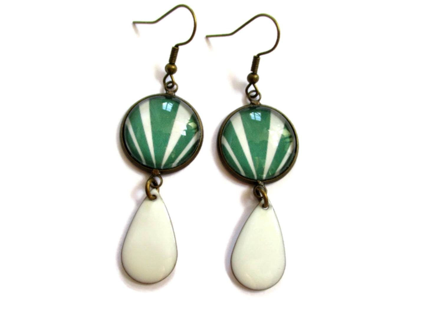 Boucles d'Oreilles Pendantes Vertes et Blanches, émail vert