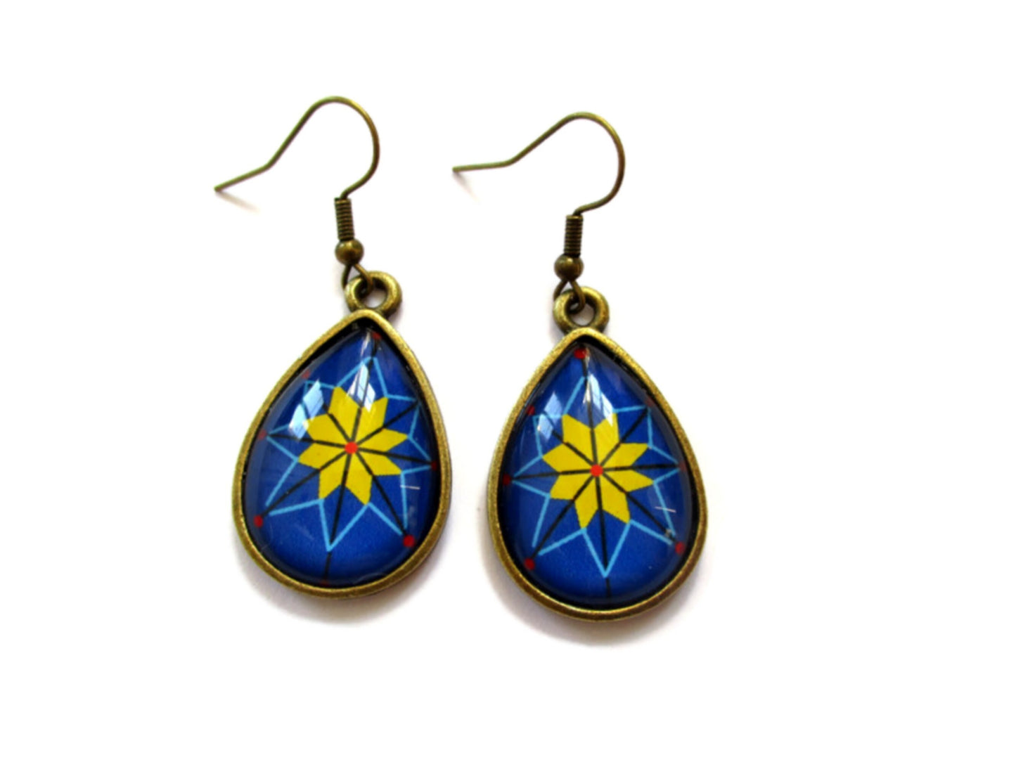 Boucles d'Oreilles Gouttes Etoile Jaune sur fond Bleu