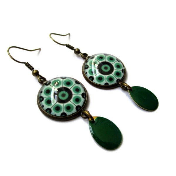 Boucles d'Oreilles Mandala Turquoise, émail Vert