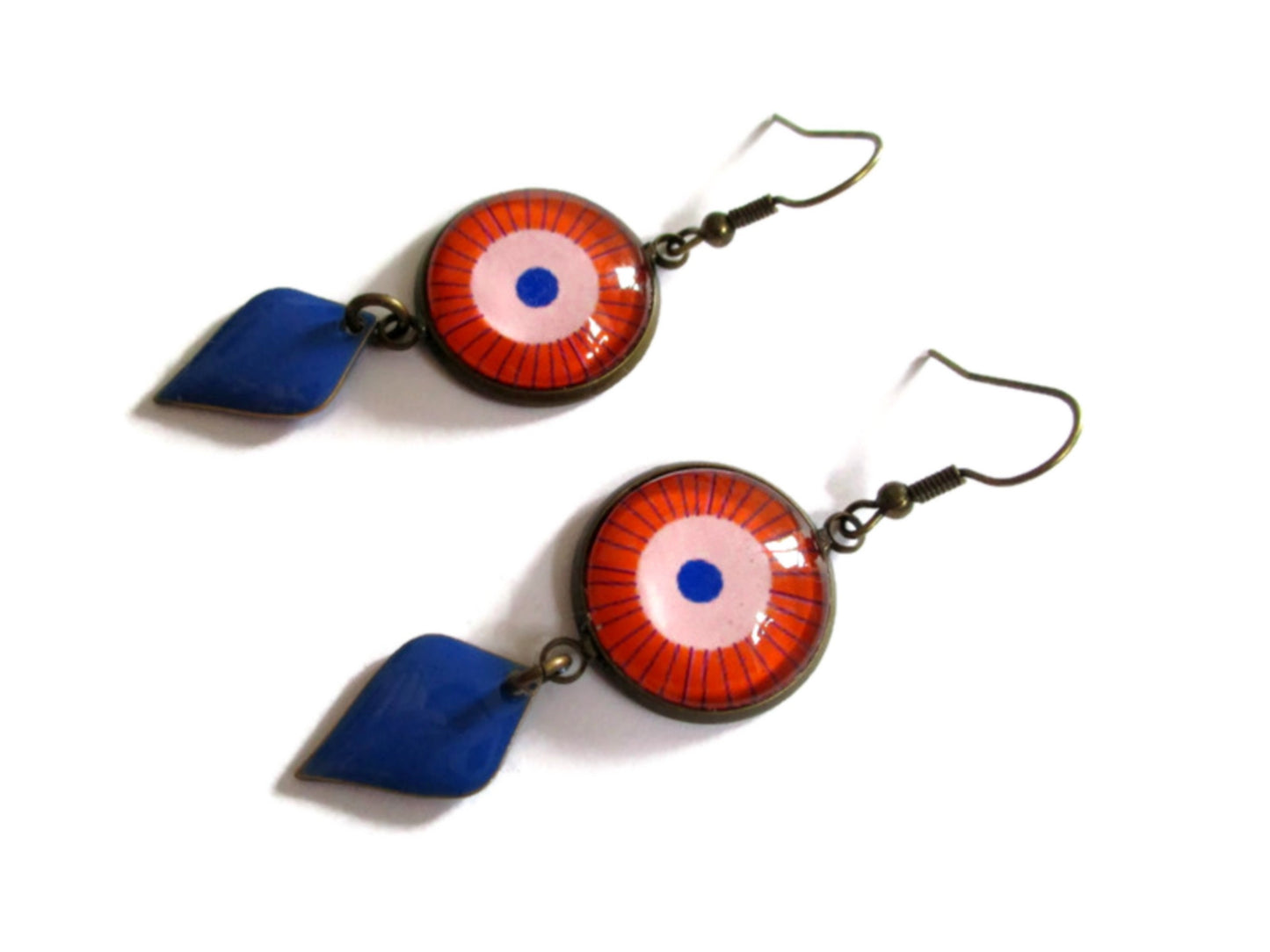 Orange mandala earrings and blue enamel