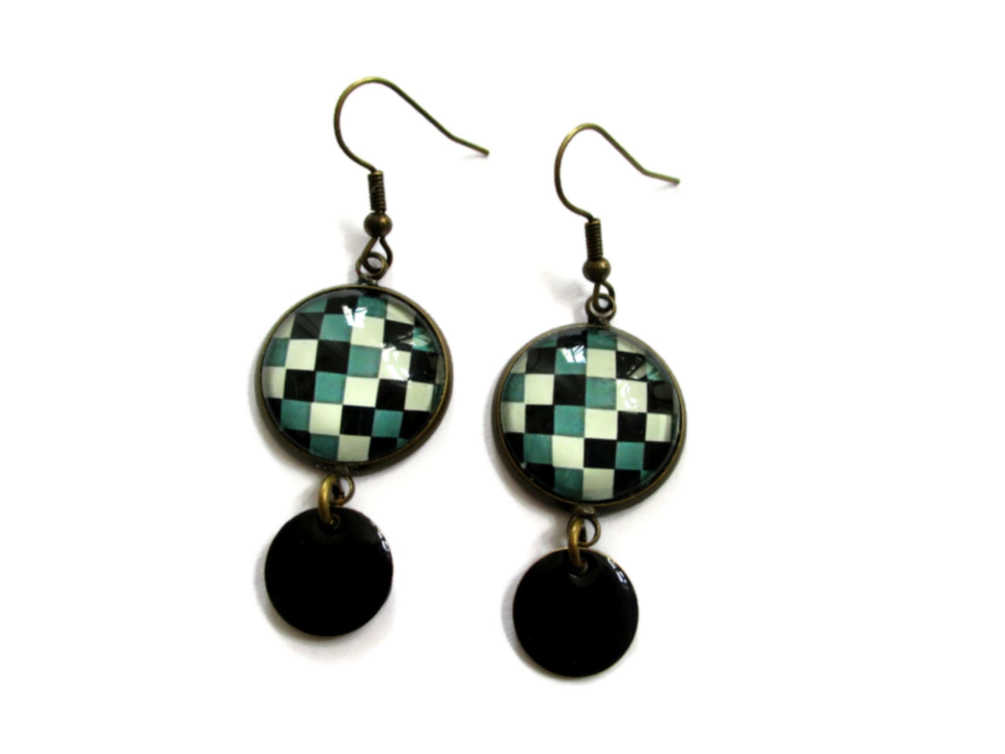 Boucles d'Oreilles Damier Vert Noir Blanc, émail Noir