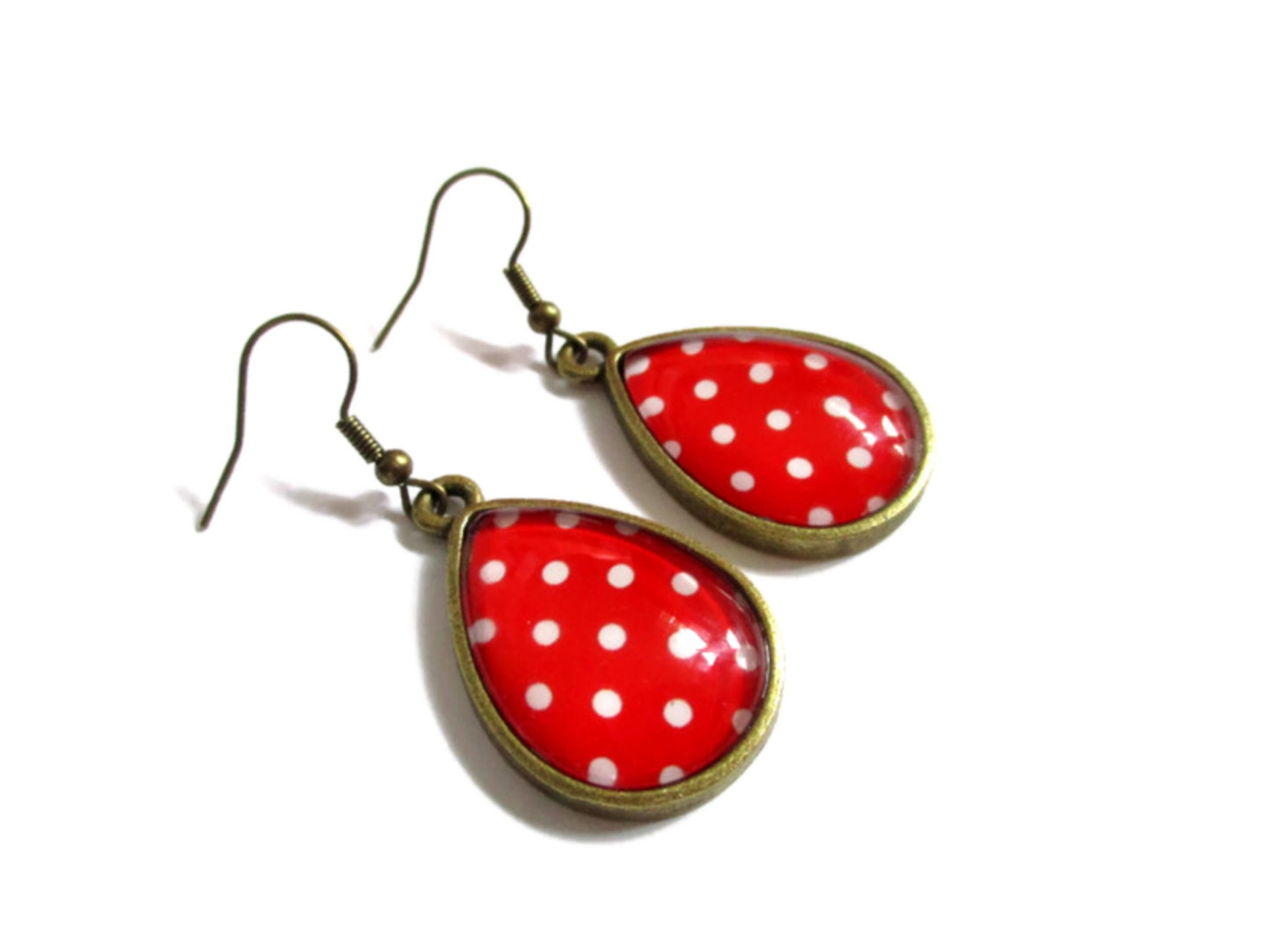 Boucles d'Oreilles Gouttes Pois Rouges et Blancs