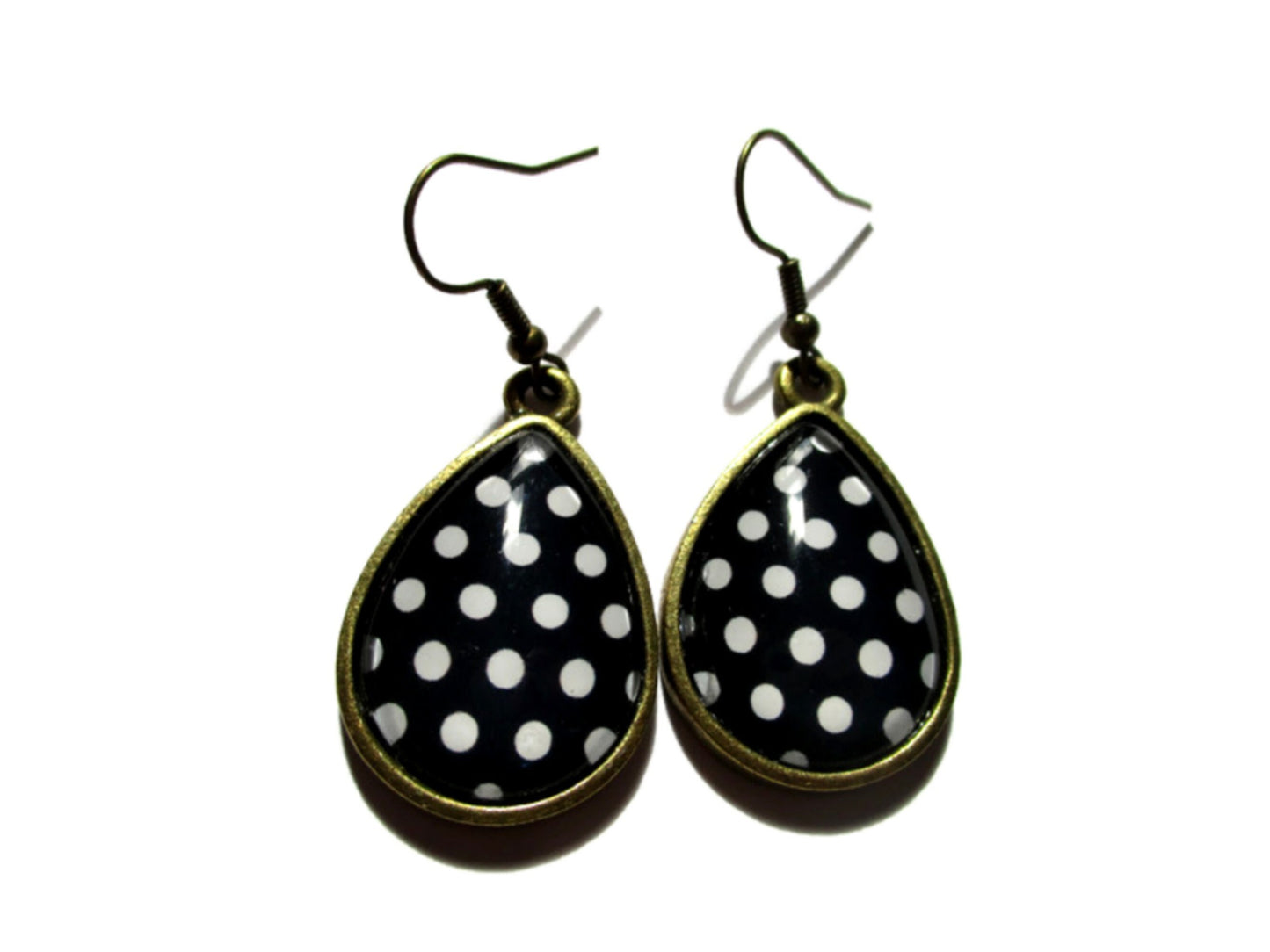 Boucles d'Oreilles Gouttes Pois Noirs et Blancs