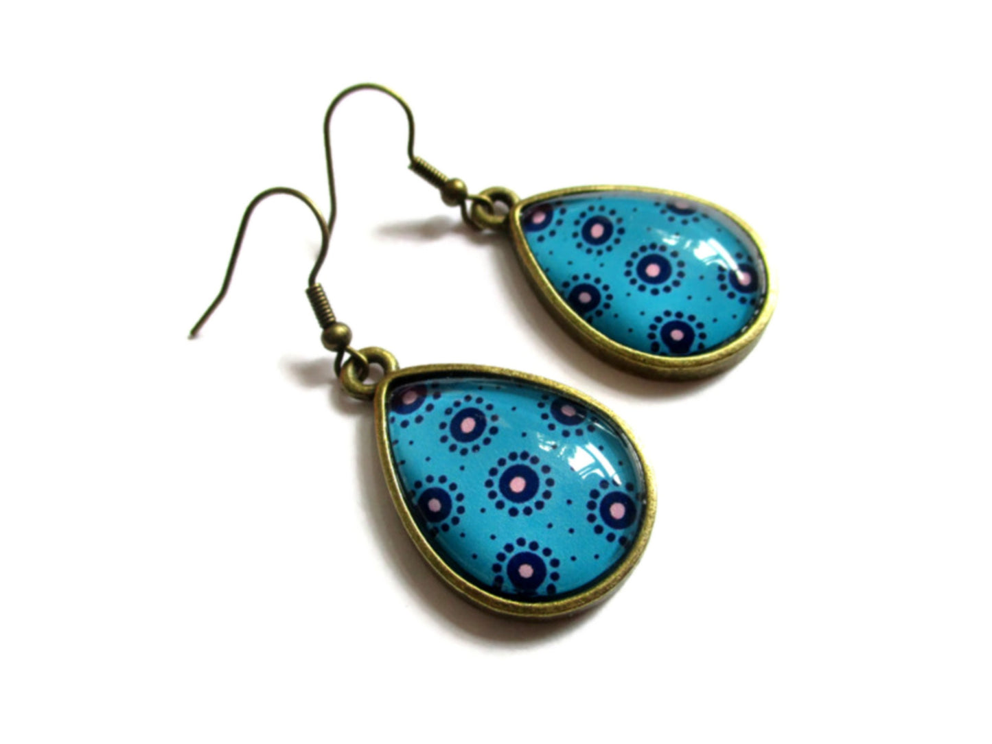 Boucles d'Oreilles Gouttes Motif Ethnique Turquoise