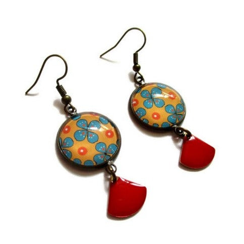 Orange Flowers earrings and red enamel