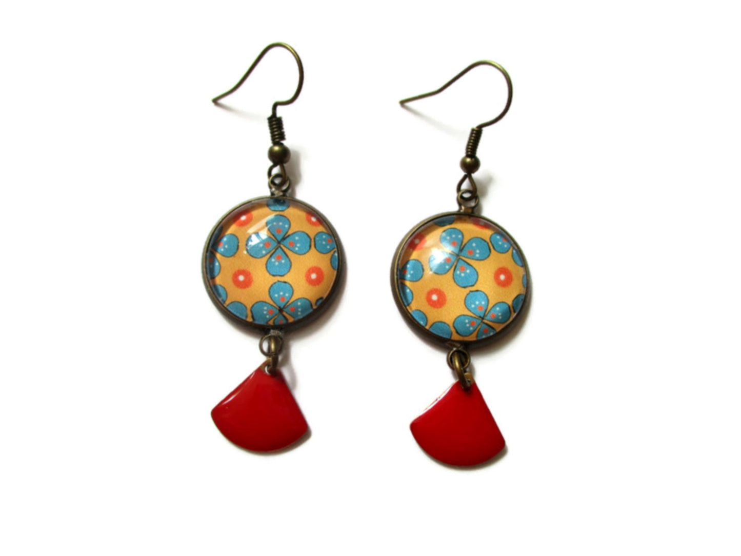 Orange Flowers earrings and red enamel