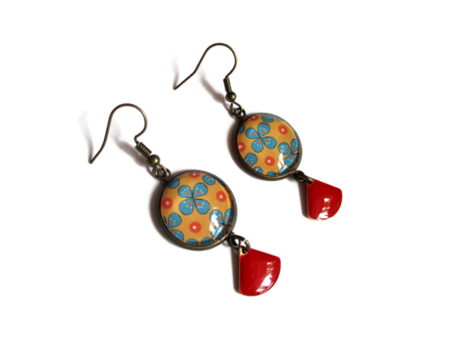 Orange Flowers earrings and red enamel