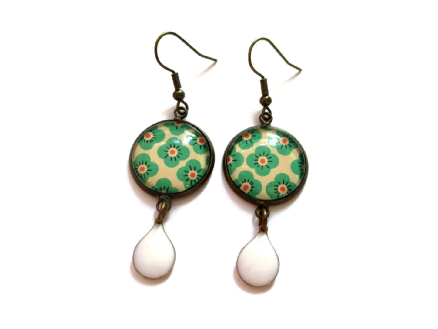 Green floral earrings and white enamel