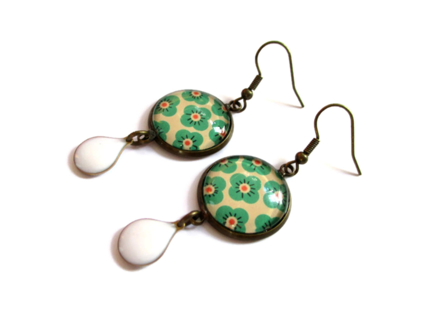 Green floral earrings and white enamel