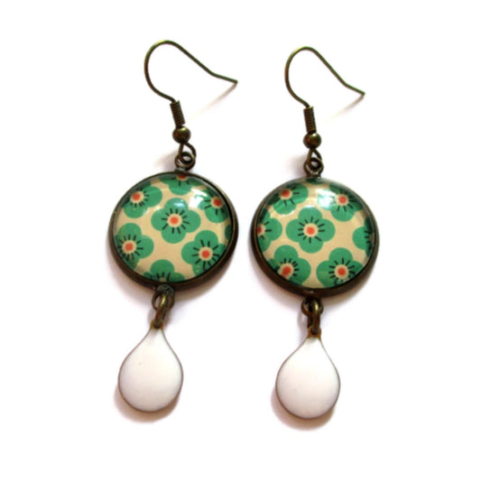 Green floral earrings and white enamel