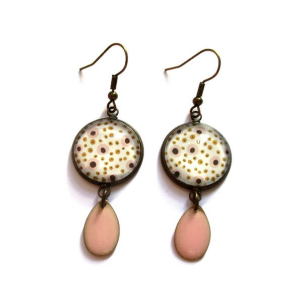 Boucles d'Oreilles Pois Roses, Noirs et Ocres, émail Rose