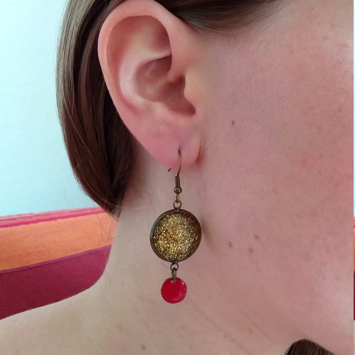 Gold Glitter and red enamel earrings 