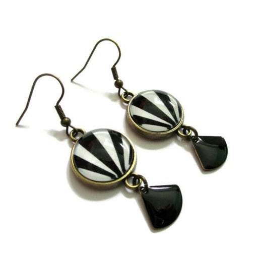 Boucles d'Oreilles Pendantes Noires et Blanches, émail Noir