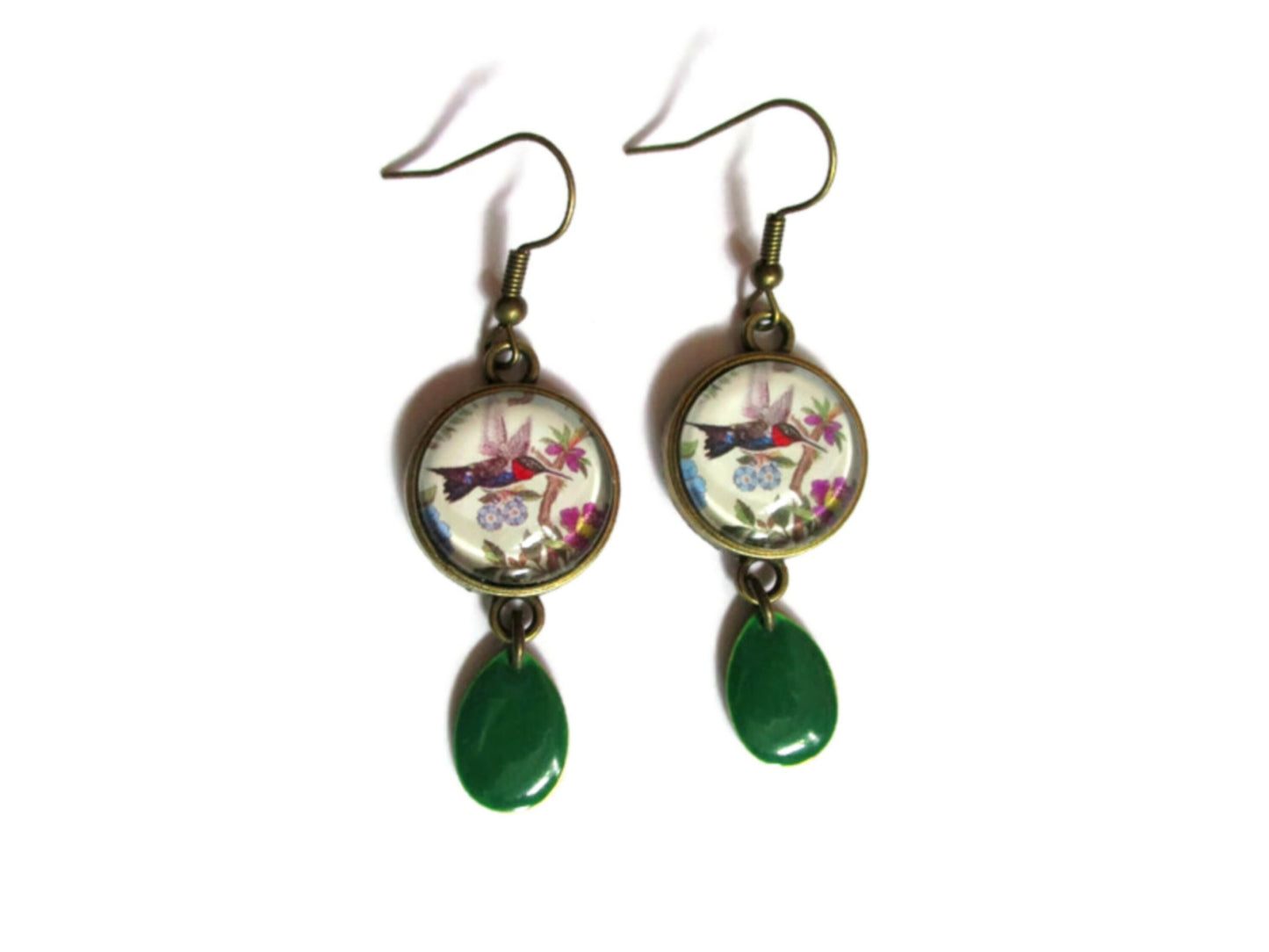 Boucles d'Oreilles Colibris, émail Vert