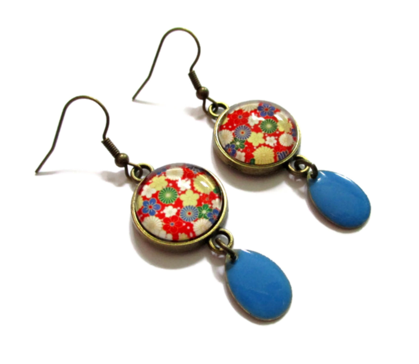 Boucles d'Oreilles Fleurs Japonaises Multicolores, email bleu