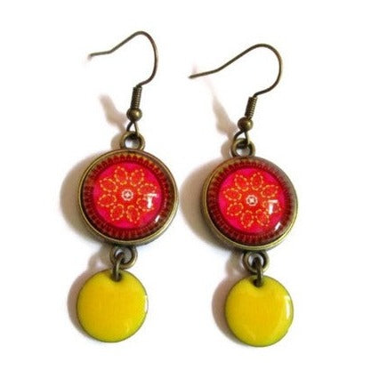 Pink Bollywood earrings and yellow enamel