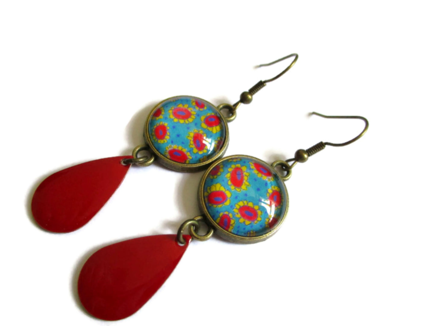 Boucles d'Oreilles Fleurs Rouges et Jaunes sur fond Vert