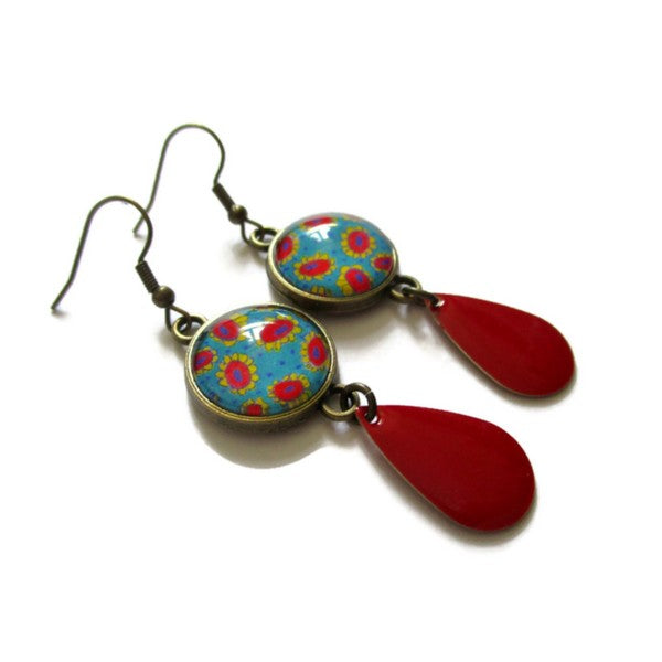 Boucles d'Oreilles Fleurs Rouges et Jaunes sur fond Vert