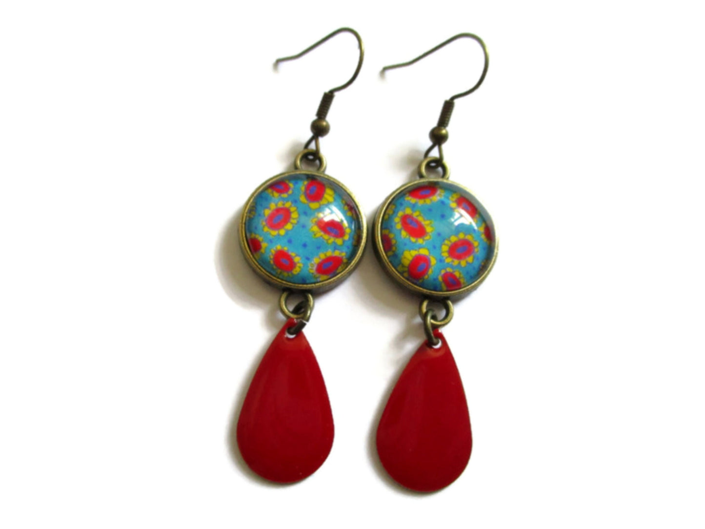 Boucles d'Oreilles Fleurs Rouges et Jaunes sur fond Vert